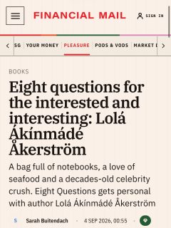 Eight questions for the interested and interesting: Lolá Ákínmádé Åkerström

A bag full of notebooks, a love of seafood and a decades-old celebrity crush. Eight Questions gets personal with author Lolá Ákínmádé Åkerström - @sarahbuiten for @thefinancialmail.

Thank you 🙏🏽 

#author #booktour #authorinterview #bitterhoneybook southafrica @jonathanballpublishers