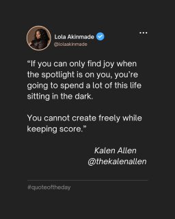 @thekalenallen has been dropping some of the most incredible life lessons for creatives. Please click over immediately and watch the full reel dated August 28.

Here are just a few bars:

“If you can only find joy when the spotlight is on you, you’re going to spend a lot of this life sitting in the dark.

You cannot create freely while keeping score.” - Kalen Allen @thekalenallen

A whole sermon 🔥

Thank you!

#quoteoftheday #lifelessons
